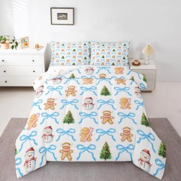 Imagem de Feelyou Conjunto de edredom de Natal, solteiro, com laço azul, para meninos, meninas, adolescentes, árvore de Natal, boneco de neve, inverno, férias, edredom para decoração de quarto