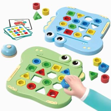 Imagem de Jogo Educativo de Formas e Cores Tabuleiro Infantil com 2 Painéis de Dinossauro Cartas de Atividades Sineta Peças Geométricas Coloridas para Desenvolvimento Cognitivo