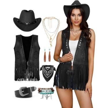 Imagem de Angelaicos Roupas femininas de caubói ocidental, fantasia de caubói, colete com franjas, tops do oeste selvagem, Preto, P