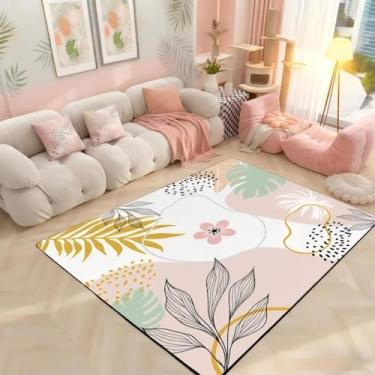 Imagem de Tapete rosa fofo com folhas e flores para sala de estar | Tapete de área grande com círculo boho, lavável, antiderrapante, redondo, folhas botânicas, tapete abstrato para sala de jogos, sala de aula