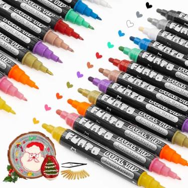 Imagem de FUNTO TIPA DUPA DA TIPA ACRYLIC Marcadores, 12 cores 3 dicas definidas com ponta extra fina, redonda e cinzel, secagem rápida para pintura de pedra, artes e artesanato