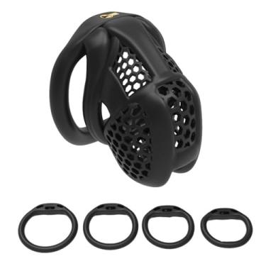 Imagem de Gaiola de segurança masculina embutida em favo de mel pequena, ventilada e respirável, com quatro anéis planos fixos (preto, pequeno)