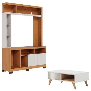 Imagem de Estante Home Theater Elba Freijó Off White Matte E Mesa De Centro Jeri Off White Freijó...