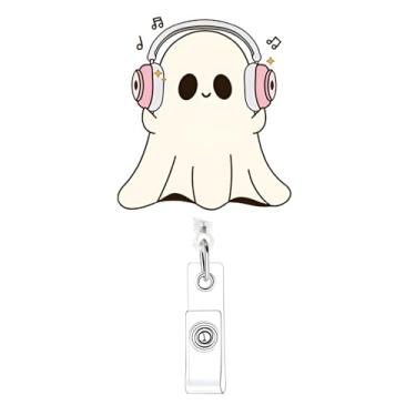 Imagem de Carretel de crachá de Halloween engraçado fantasma retrátil carretéis de crachá bonito clipe jacaré porta-crachá de identificação retrátil fantasma para estudante, professor, enfermeira, trabalhador