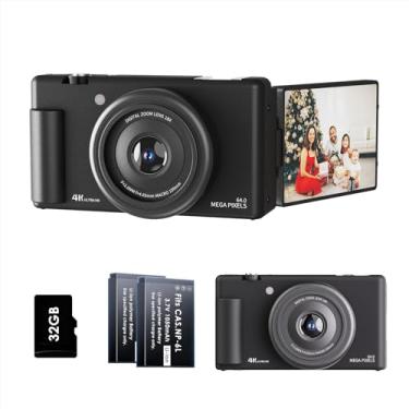 Imagem de Câmera digital para fotografia, câmera de foco automático de 64 MP com zoom de 16x, tela flip de 180°, câmeras de vlog, câmera de viagem compacta com cartão de memória de 32 GB, 2 baterias
