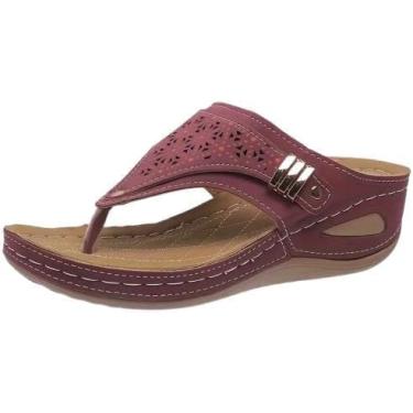 Imagem de Sandálias femininas casuais com suporte de arco e fivela e tira de fivela, chinelos femininos para verão, praia, banheiro, sapatos de couro à prova d'água, Borgonha, 36