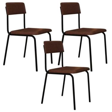 Imagem de Kit 03 Cadeiras Estofada Para Sala De Jantar Sense Preto C01 Courino Whisky - Lyam Decor