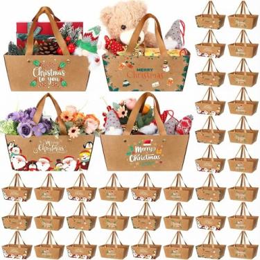 Imagem de Pinkunn 48 cestas de Natal para presentes, kit de cestas de presente vazias para festas de Natal com alças 24 x 16 x 11 cm Bandejas de mercado de papelão kraft para embalagem de presente de Natal