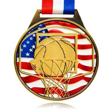Imagem de YUJUE Medalha de basquete patriótica - Medalha de basquete de liga de zinco de 7,6 cm com medalha de aros com estrelas, medalha de prêmio esportivo patriótico para competições de basquete, torneios e