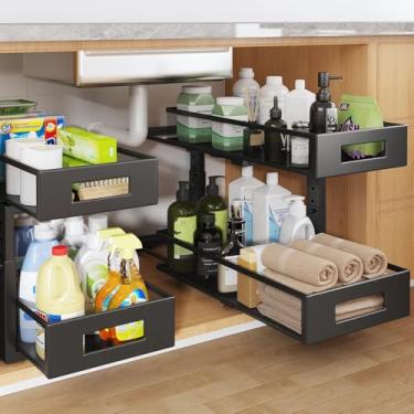 Imagem de 2 pacotes de organizadores sob a pia de 48 cm de profundidade, organizador de armário de 2 camadas com trilho circular liso, gavetas deslizantes de malha metálica de grande capacidade para