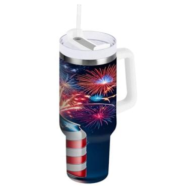 Imagem de Kigai Copo de 850 g com alça, copo isolado de lata de cerveja estilo bandeira americana com tampa e canudo, garrafa de água esportiva grande de metal, caneca de café de viagem de aço inoxidável