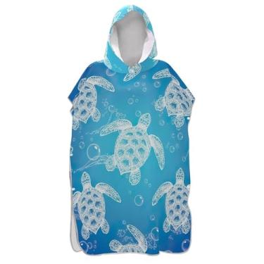 Imagem de TSENQUE Roupão para adultos poncho de surfe praia moletom toalha floral absorvente branco tartarugas marinhas azul unissex adulto poncho com capuz