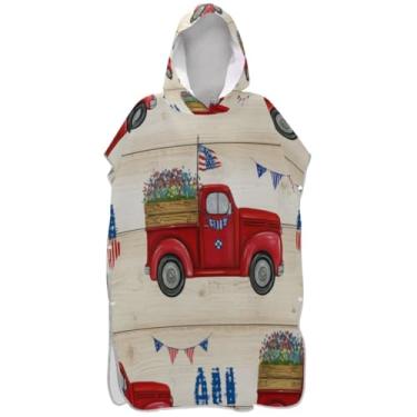 Imagem de Joisal Roupão de mudança de poncho de surfe para adultos toalha de natação com capuz unissex poncho adulto com capuz desenho animado vintage caminhão vermelho