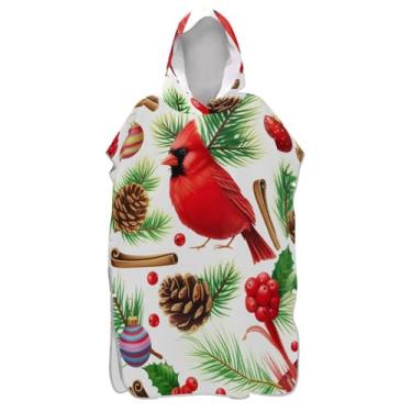 Imagem de Poncho de surfe vestível para adultos trocador de roupas de banho de praia com capuz pássaros vermelhos poncho masculino de Natal com capuz