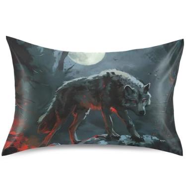 Imagem de Capa de almofada de cetim floral com estampa de lobo Moo almofada de resfriamento padrão queen king size estampa floral roupa de cama para casa, tamanho king, 101,6 cm x 50,8 cm
