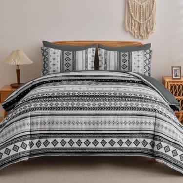 Imagem de Mybedsoul Conjunto de edredom estilo asteca preto e cinza, 7 peças, cama queen size boho em uma bolsa, conjunto de cama para todas as estações com lençóis e fronhas, estampa geométrica listrada