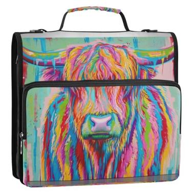 Imagem de Fichário organizador de 3 anéis de vaca Highland com tinta colorida de 3,8 cm D com alça de ombro para escola, portfólio divertido e suporte de pasta de anel