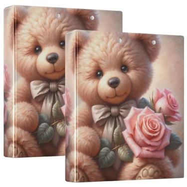 Imagem de Fichário fofo de ursinho de pelúcia rosa com 3 anéis de 3 cm, 200 folhas, lindo fichário de portfólio, estampado, redondo, fichário de escritório, pacote com 2
