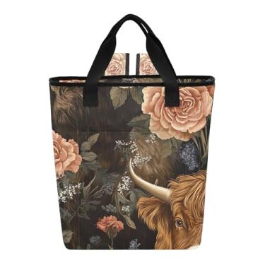 Imagem de Joitme Cooler Bags Vintage Highland Cows Roses Brown Bolsa térmica de praia com 36 latas à prova de vazamento para almoço