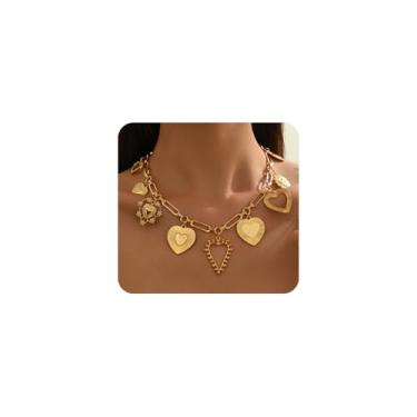 Imagem de Colar com pingente de ouro grosso para mulheres, colar de coração grande, vintage, pérola, moeda, pingente, colar, moda, boêmio, acessórios para presentes, Large, Liga de aço, Sem Pedra Preciosa