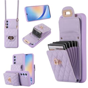 Imagem de Capa carteira para Samsung Galaxy S25 Plus com 6 compartimentos para cartão, trava de metal, suporte, capa protetora antiqueda, alça de pulso ajustável – couro sintético durável e design de TPU (roxo)