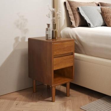 Imagem de Mesa de cabeceira estreita com 2 gavetas com prateleira aberta, mesa de cabeceira de madeira maciça, mesa de cabeceira moderna de meados do século, mesa de canto de madeira para quarto, sala de estar