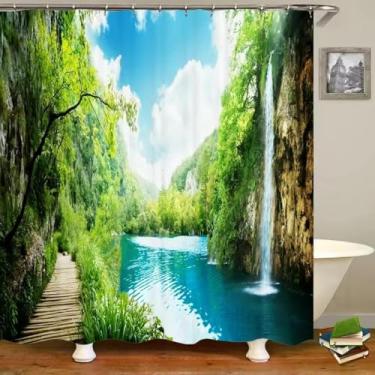 Imagem de Cortinas de chuveiro de banheiro Floresta natural paisagem de árvore primitiva cortinas de banho à prova d'água impressão 3D com ganchos pano lavável 70 x 215 cm/LxA cortina de banheira impermeável