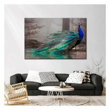 Imagem de Elegantes imagens de parede de pavão azul decoração de parede lindos pôsteres de animais pavão e impressões para decoração de parede de sala de estar - (75 x 100 cm) moldura interna de 76 x 99 cm