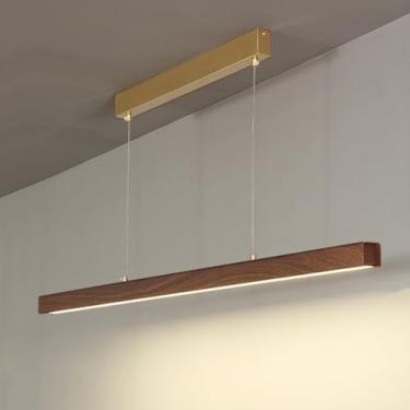 Imagem de Luminária pendente com acabamento em madeira de nogueira, estrutura metálica alongada com cúpulas de acrílico, lustre moderno de LED - 3000K, luminárias de suspensão lineares ultrafinas para
