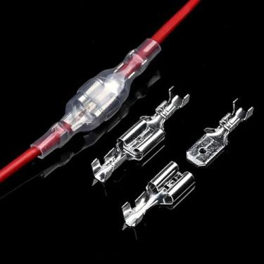 Imagem de 200 peças de terminais de conectores de fio de 6,3 mm kit sortido crimpagem fêmea/macho terminais de pá com mangas isolantes transparentes