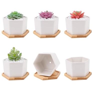 Imagem de Leismy 6 recipientes para suculentas e cactos, vasos de cerâmica branca com orifício de drenagem e bandeja removível, vasos de plantas pequenos para decoração de escritório em casa, recipiente de