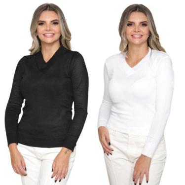 Imagem de Kit 2 Blusas Tricot Gola V Moda Casul Inverno 2024 - GIP, Preto, Branc