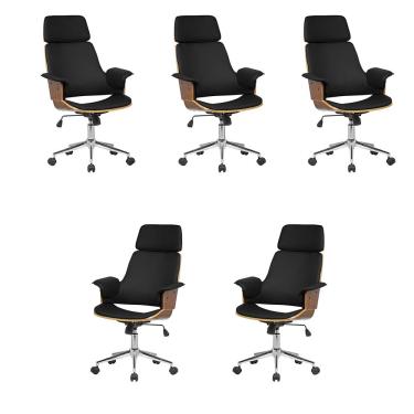 Imagem de Kit 5 Cadeira de Escritório Home Office Decorativas Casemiro PU c/Regulagem de Altura Base Giratória Preto G56 - Gran Belo