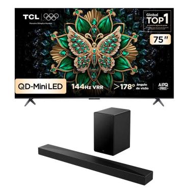 Imagem de Combo Smart TV TCL 75 QLED Mini LED 4K C6K WiFi 144Hz 75C6K e Soundbar TCL Subwoofer 5.1 Q65H
