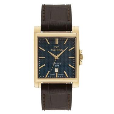 Imagem de Relogio Technos Masculino quadrado dourado azul pulseira de couro exec