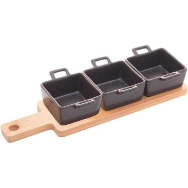 Imagem de Petisqueira Com Bandeija De Bambu 3 Potes Porcelana Gourmet - Wolff