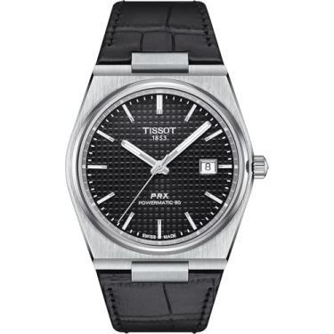 Imagem de Tissot Relógio automático masculino PRX Powermatic 80 316L caixa de aço inoxidável, preto, couro, 12 (T1374071605100), Preto, Relógio automático
