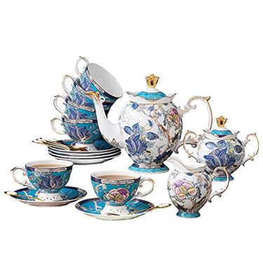 Imagem de ACMLIFE Conjunto de chá de café Bone China, conjunto de xícaras de chá de porcelana de 21 peças, xícara de chá e pires de serviço para 6 pessoas com bule de chá de 100 ml, açucareiro, jarra de creme e colheres de chá, para mulheres