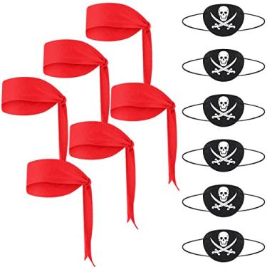 Imagem de 12 peças de artigos de lembrancinha de pirata de Halloween, acessórios de pirata com 6 adesivos de olho de pirata preto e 6 bandana vermelha de pirata bandana de pirata de feltro lenço de cabeça de pirata capas de olho de capitão para festa