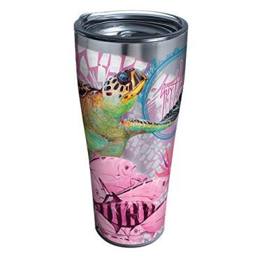 Imagem de Tervis 1315694 Guy Harvey Copo isolado de aço inoxidável das tartarugas de conscientização do câncer de mama com tampa transparente e preta, 850 g, prata