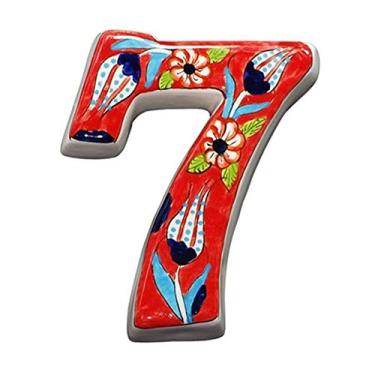 Imagem de Número de placa de cerâmica pintada à mão 3D de 12,7 cm, placa de porta flutuante, números de portão numeral 0-9, etiqueta de endereço, vermelha, à prova de intempéries, durável