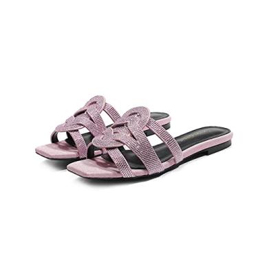 Imagem de Sandálias de verão com strass e sapatos de couro para mulheres planas com sandálias confortáveis ​​para praia e férias (Color : Pink, Size : 46EU)