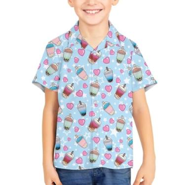 Imagem de Camisetas havaianas com botões de botão para verão unissex infantil manga curta camisa social 3-16 anos Tropical Aloha Shirts, Chá ao Leite, 13-14 Years