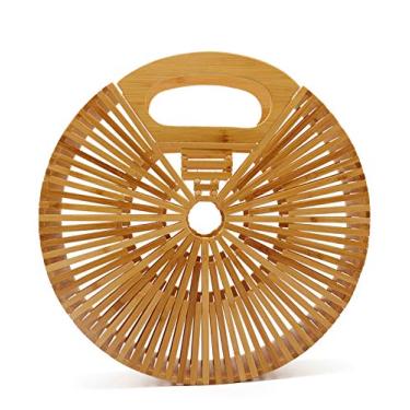 Imagem de Miuco Bolsa feminina de bambu com alça superior e alça redonda para praia, Natural, Small