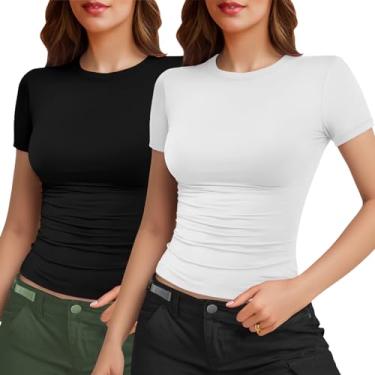 Imagem de YOGINGO Pacote com 2 camisetas femininas básicas de manga curta gola redonda slim fit 2024 verão Y2k camisetas curtas, Preto/branco., PP