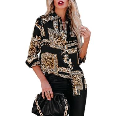 Imagem de siliteelon Camisas femininas de botão, manga comprida, sem rugas, gola e trabalho, blusa casual de chiffon, Leopardo preto, XXG