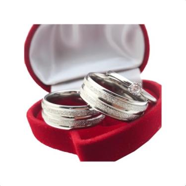 Imagem de Par Alianças Prata Aço Inox Namoro Compromisso C/Solitário (Prateado Masculino, 22)