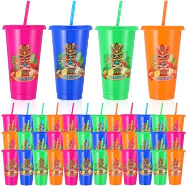 Imagem de FillTouch 36 Pcs Plastic Tiki Cups 24 oz Hawaiian Tumbler with Lid and Straw Bulk Tiki Reusable Plastic Mug Cups Mai Tai Glasses Luau Water Bottle for Cocktails Party Drinking Coffee Travel Supplies