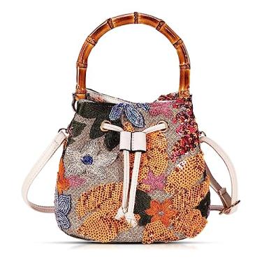 Imagem de Bolsas transversais para mulheres, bolsa de praia, bolsa de bebê bordada à mão, bolsa balde com alça de transporte de bambu, bolsas boêmias, adequadas para férias, viagens, uso diário