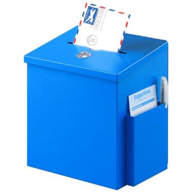 Imagem de xydled Caixa de votação e doação montada na parede com 50 cartões de sugestão, caixa de coleção de sugestões de metal com trava para chave, azul, 22 x 15 x 18 cm